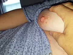 feeling her ripe nipple,tit, hairy bush & soft belly
