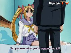 Pigtailed anime tart shows her cock-sucking skills to a guy