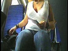 My well shaped babe flaunts her sexy cleavage on the bus ride