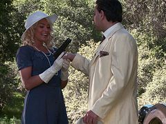 Erotic sex on a picnic with a blonde in a vintage dress
