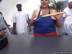 Very fat babe gets fucked many times in the kitchen