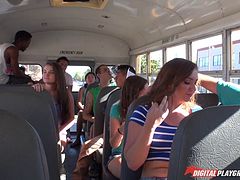 Babe on the bus sucks dick and fucks in front of the crowd