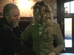 Curly blondie Kristyna provides a lucky gaffer with a handjob in the cafe