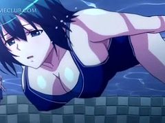 Three horny studs fucking a cute anime under water